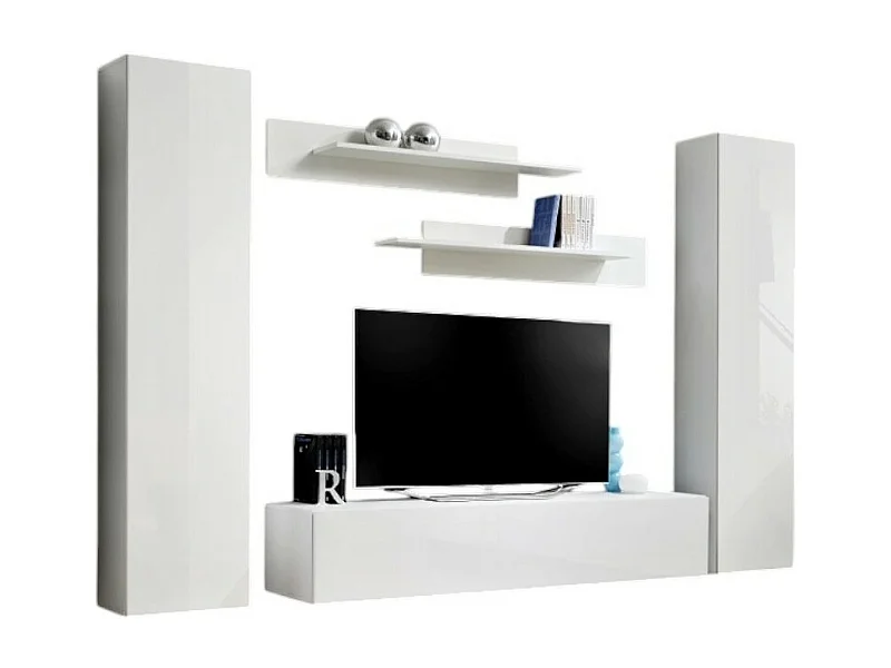 TV-Möbel FLY A1 Design, in glänzendem Weiß. Modernes und trendiges Hängemöbel für Ihr Wohnzimmer.