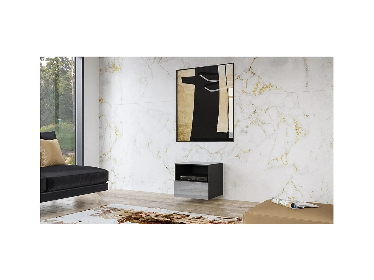 Piccolo mobile TV ZANTE 50 cm, 1 cassetto, 1 vano, LED, nero e grigio lucido