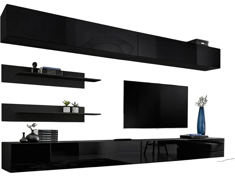 Conjunto de móveis suspensos FLY. Cores em preto fosco e preto brilhante.