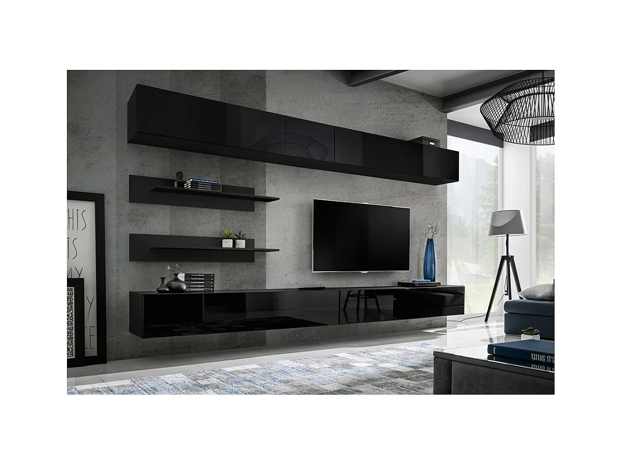 Conjunto de móveis suspensos FLY. Cores em preto fosco e preto brilhante.