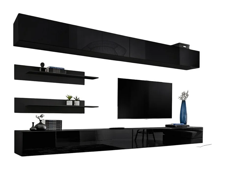 Ensemble de meubles suspendus FLY. Coloris noir mat et noire brillant.