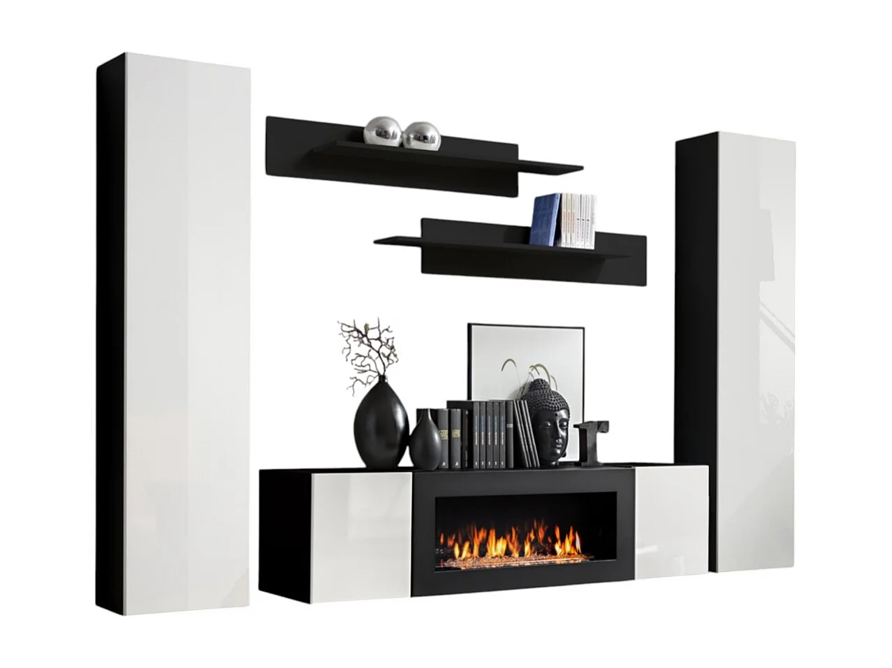 Set van hangende meubels met decoratieve haard uit de FLY M1 collectie. Kleuren zwart en wit.