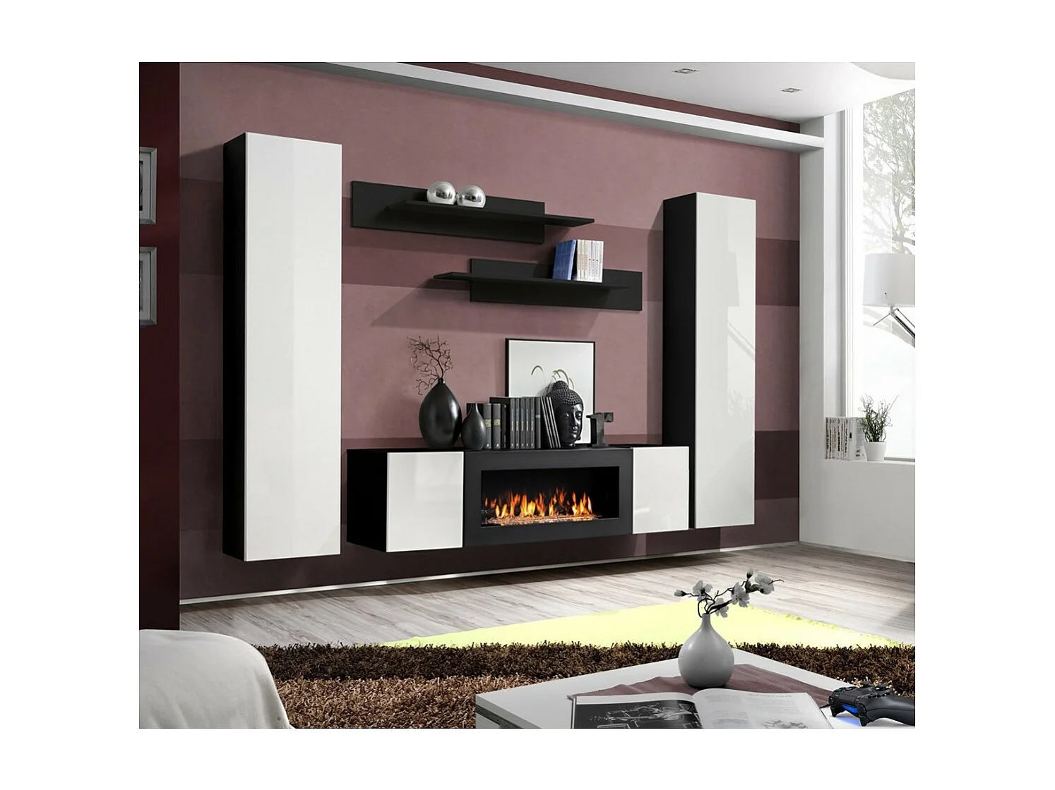 Set van hangende meubels met decoratieve haard uit de FLY M1 collectie. Kleuren zwart en wit.