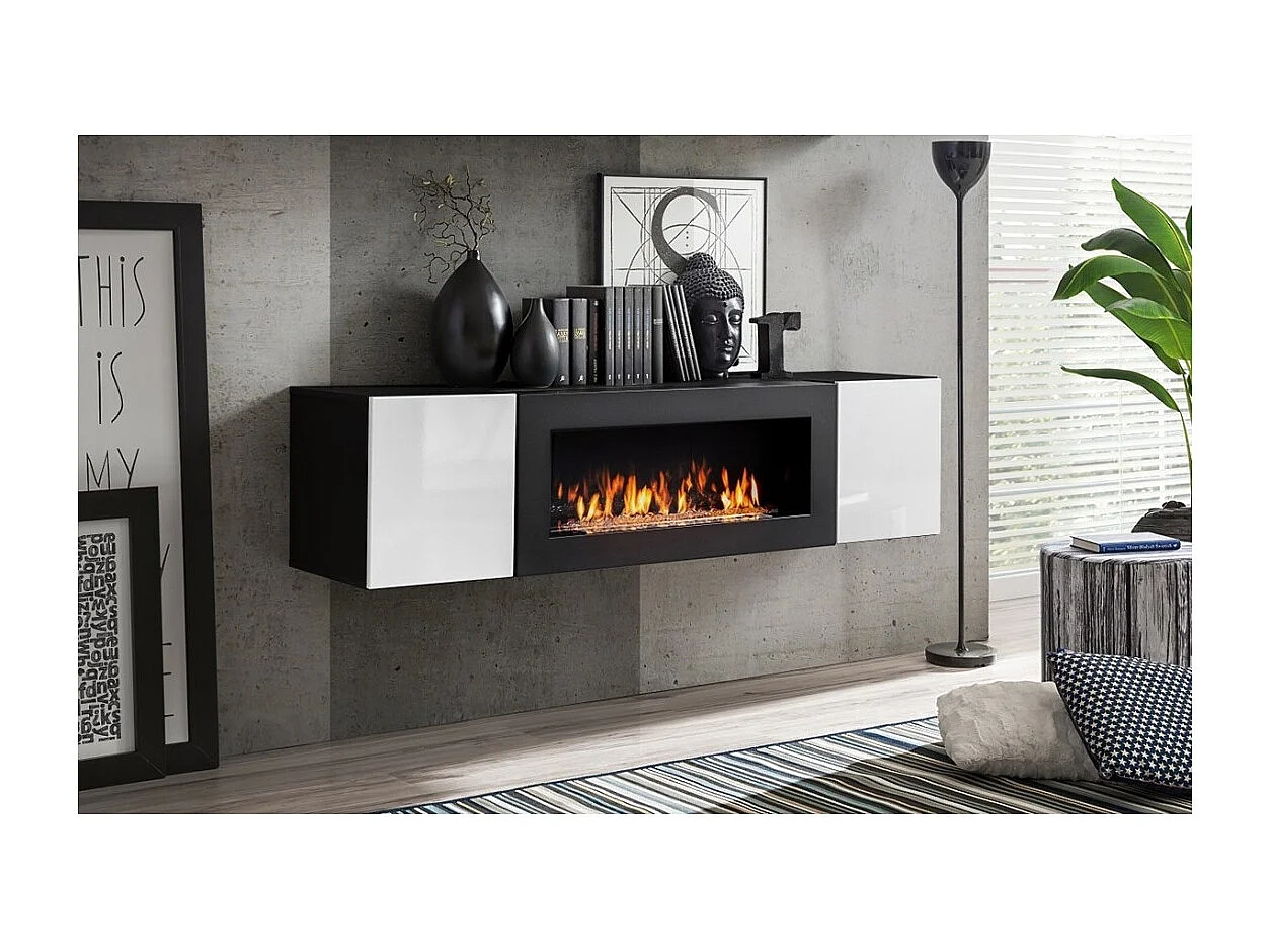 Set van hangende meubels met decoratieve haard uit de FLY M1 collectie. Kleuren zwart en wit.