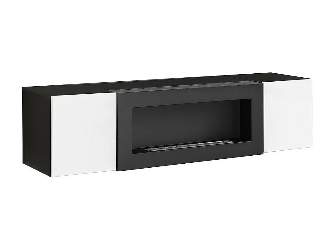 Set van hangende meubels met decoratieve haard uit de FLY M1 collectie. Kleuren zwart en wit.