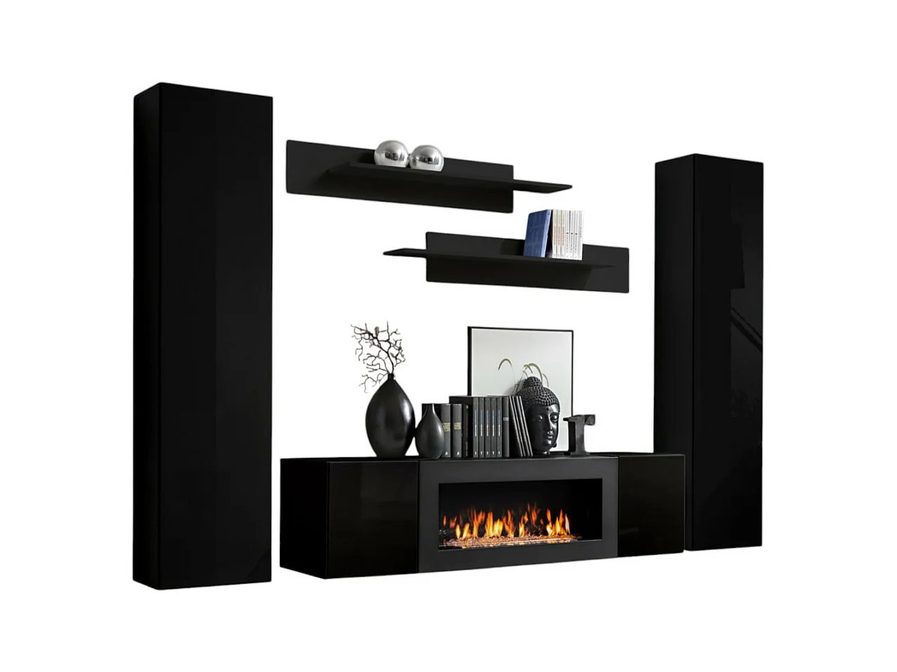Hängende Möbelset mit dekorativem Kamin aus der Kollektion FLY M1. Farbe Schwarz.