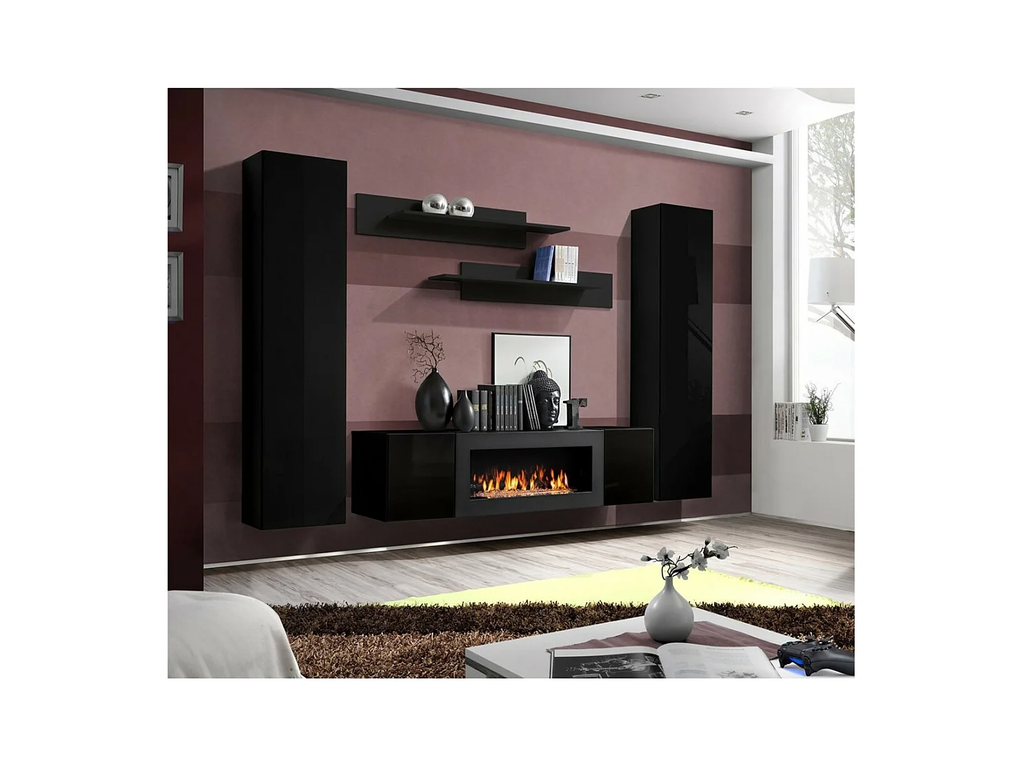 Hängende Möbelset mit dekorativem Kamin aus der Kollektion FLY M1. Farbe Schwarz.