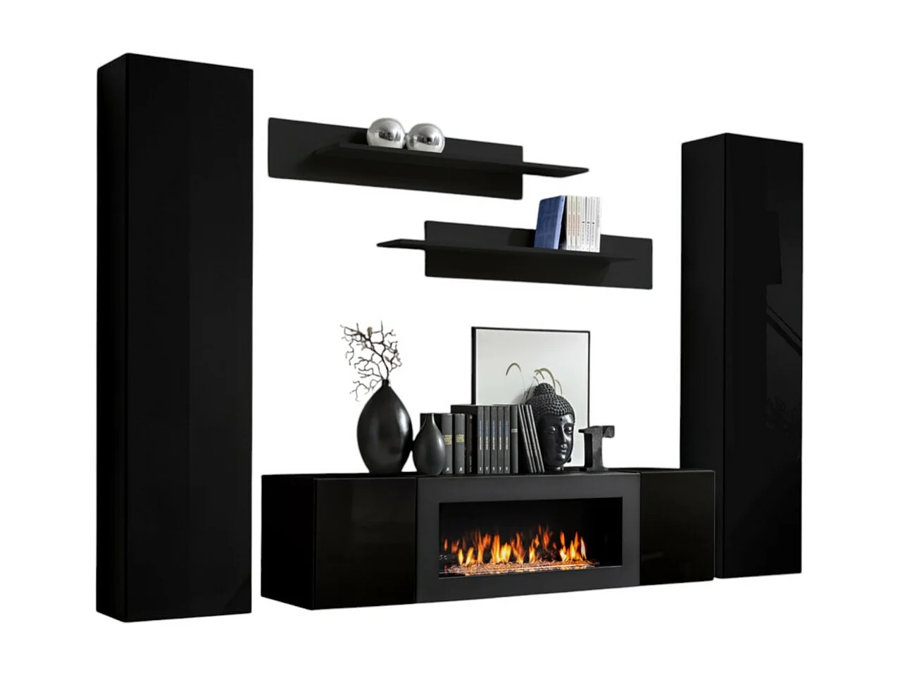 Conjunto de móveis suspensos com lareira decorativa coleção FLY M1. Cor preta.