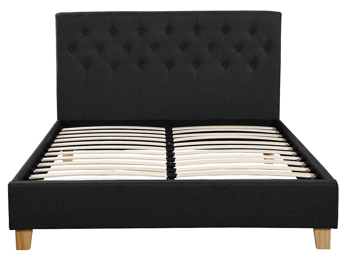 Cama de Tecido Cinza Escuro "Emmy" - 160 x 200 cm - Pernas de Pinho Resistente - Design Elegante