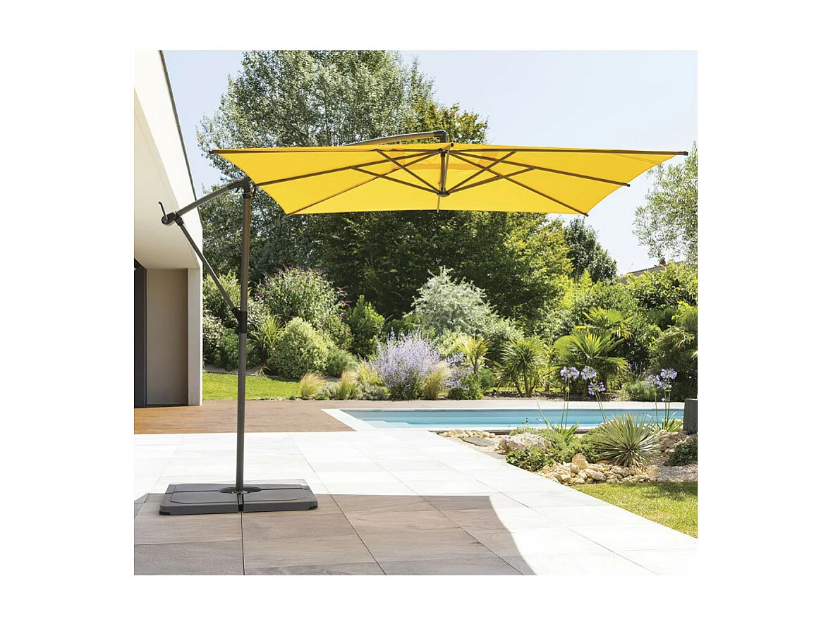 Parasol décentré carré Manoa jaune moutarde Hespéride