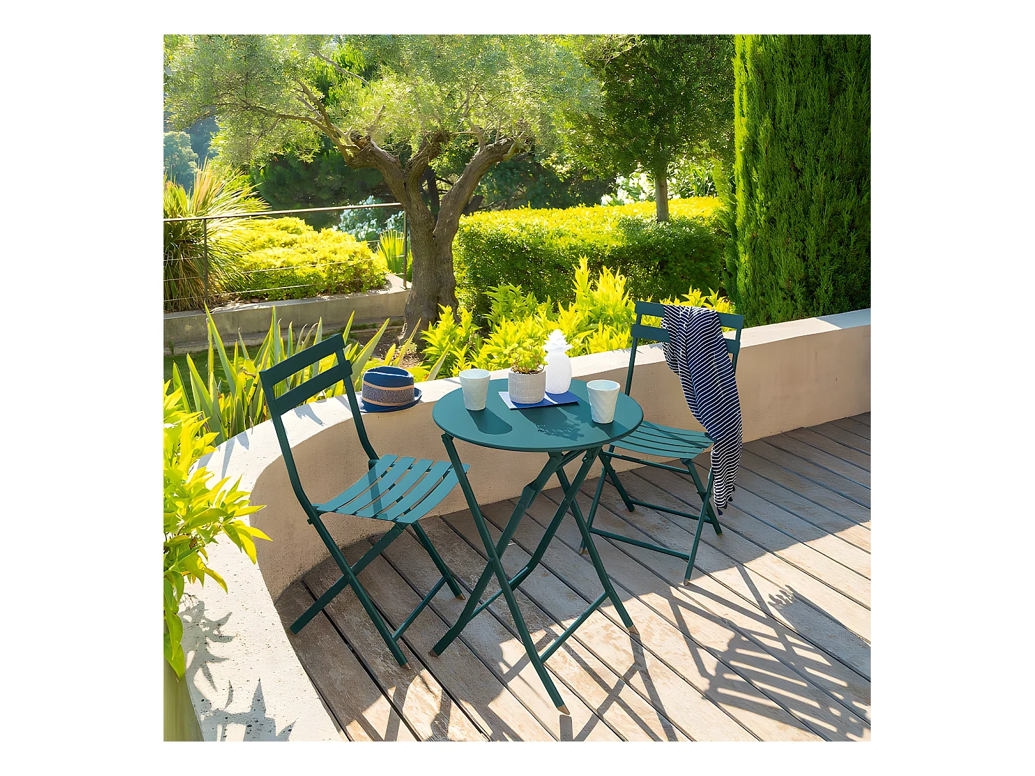 Table ronde pliante Greensboro 2p bleu canard Hespéride