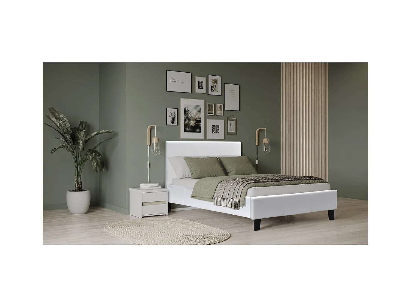 Cama de solteiro "Lina" 90x190 cm em contraplacado branco com estrado de ripas