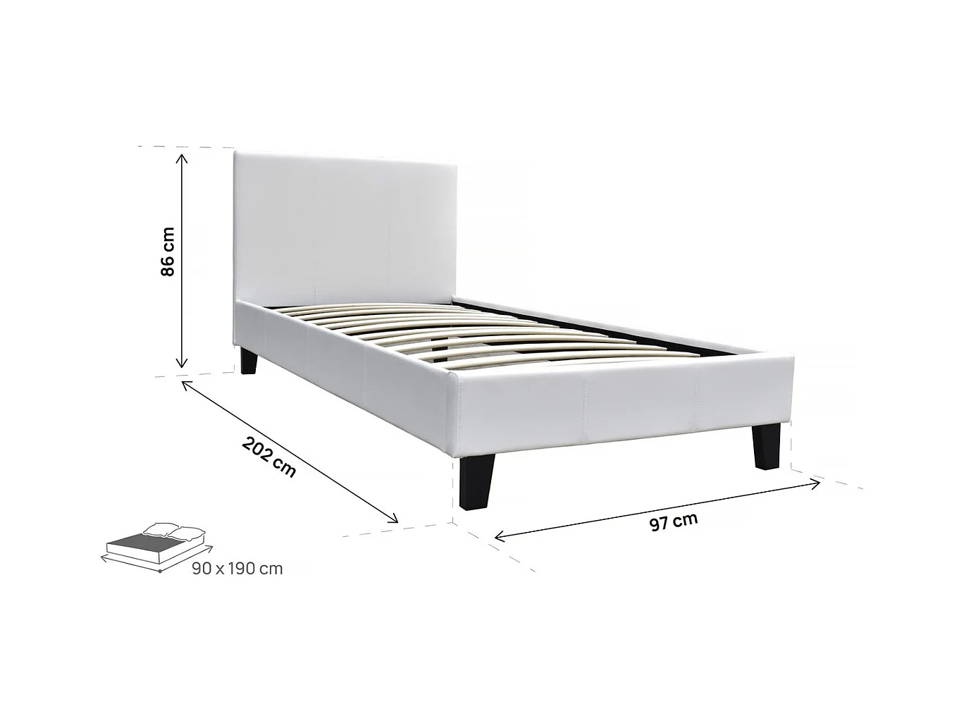 Cama de solteiro "Lina" 90x190 cm em contraplacado branco com estrado de ripas