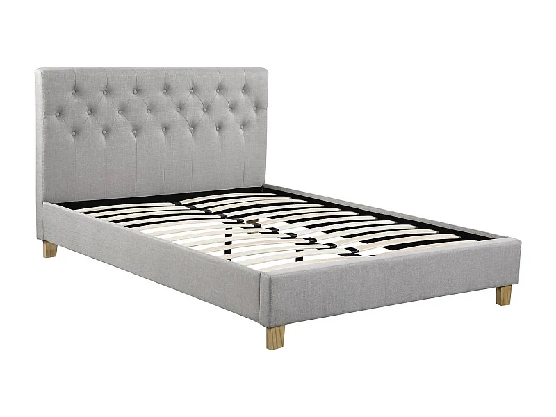 Cama "Emmy" 160x200cm em tecido bege com estrado de ripas e cabeceira incluídos