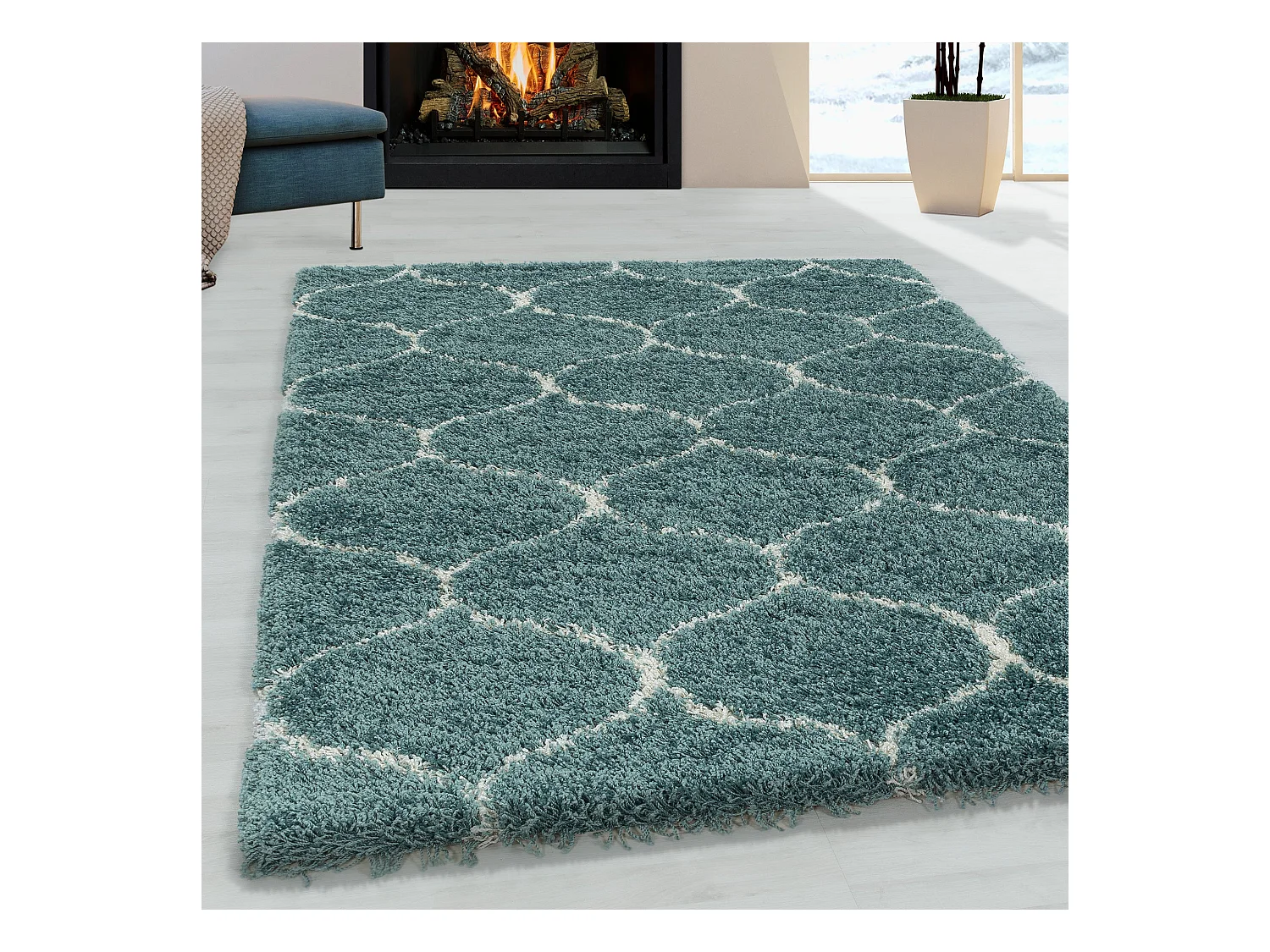 SALMA - Tapis à poils longs et motifs Alhambra - Turquoise et Blanc 120 x 170 cm