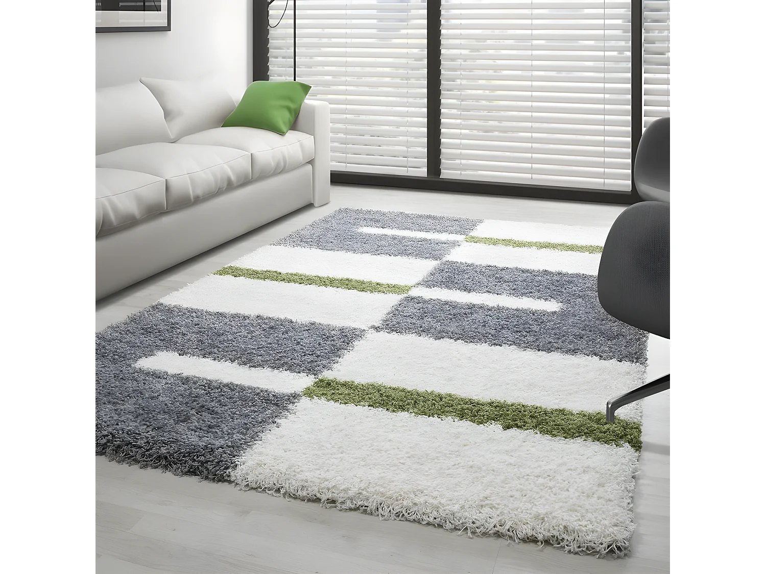 ROMA - Tapis Shaggy à motifs Traits - Vert et Gris 160 x 230 cm