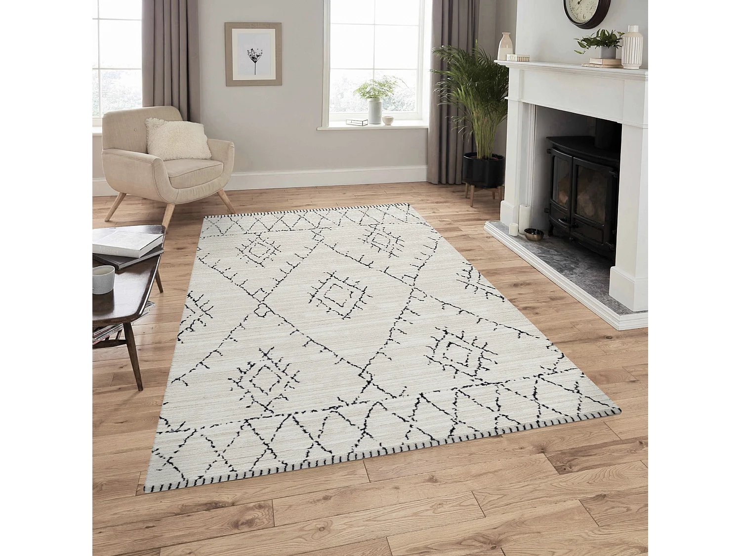 TRIBAL - Tapis Berbère laineux - Crème & Anthracite 80 x 150 cm