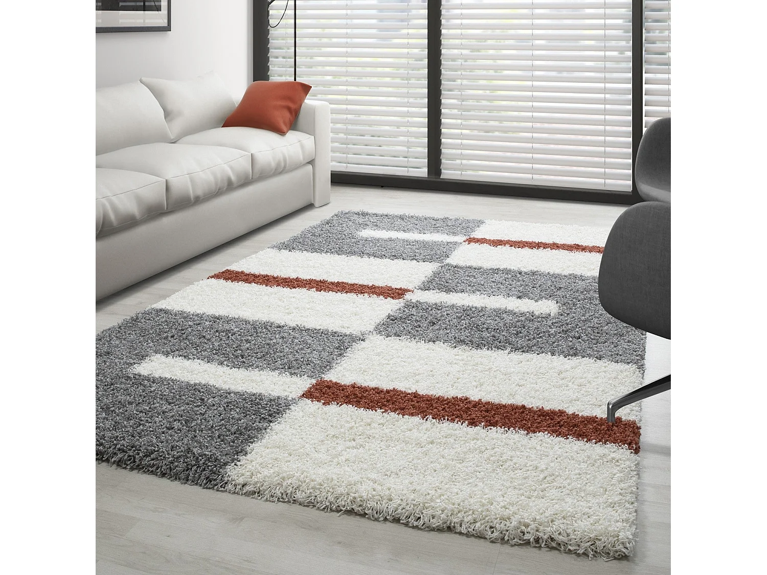ROMA - Tapis Shaggy à motifs Traits - Terra et Gris 080 x 150 cm