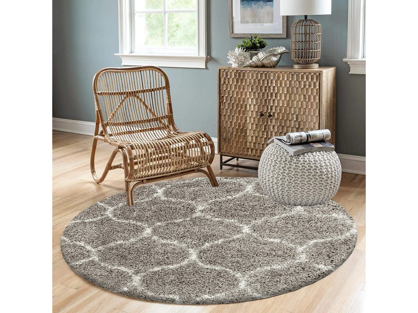 SALMA - Tapis Rond à poils longs et motifs Alhambra - Beige et Blanc 120 x 120 cm