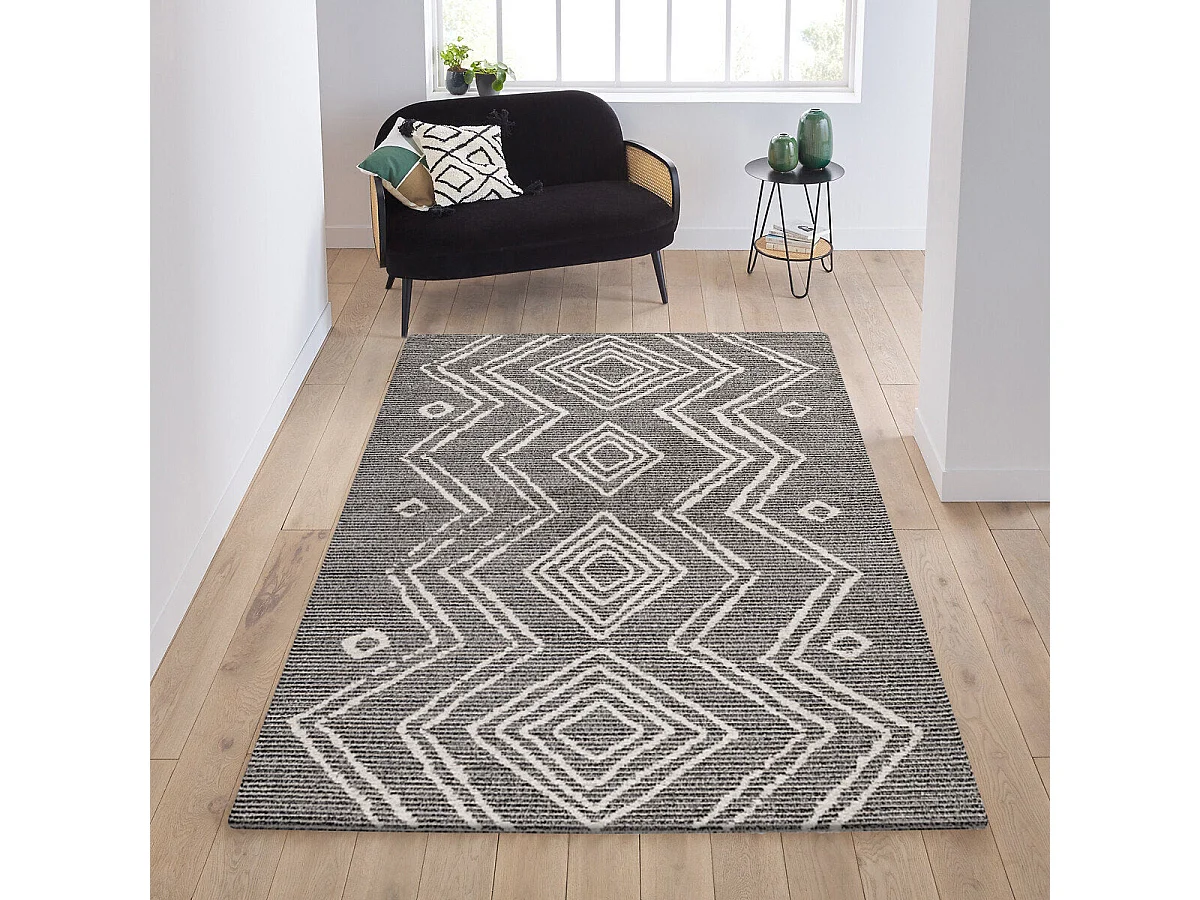 JELA - Tapis Berbère laineux - Noir & Beige 140 x 200 cm