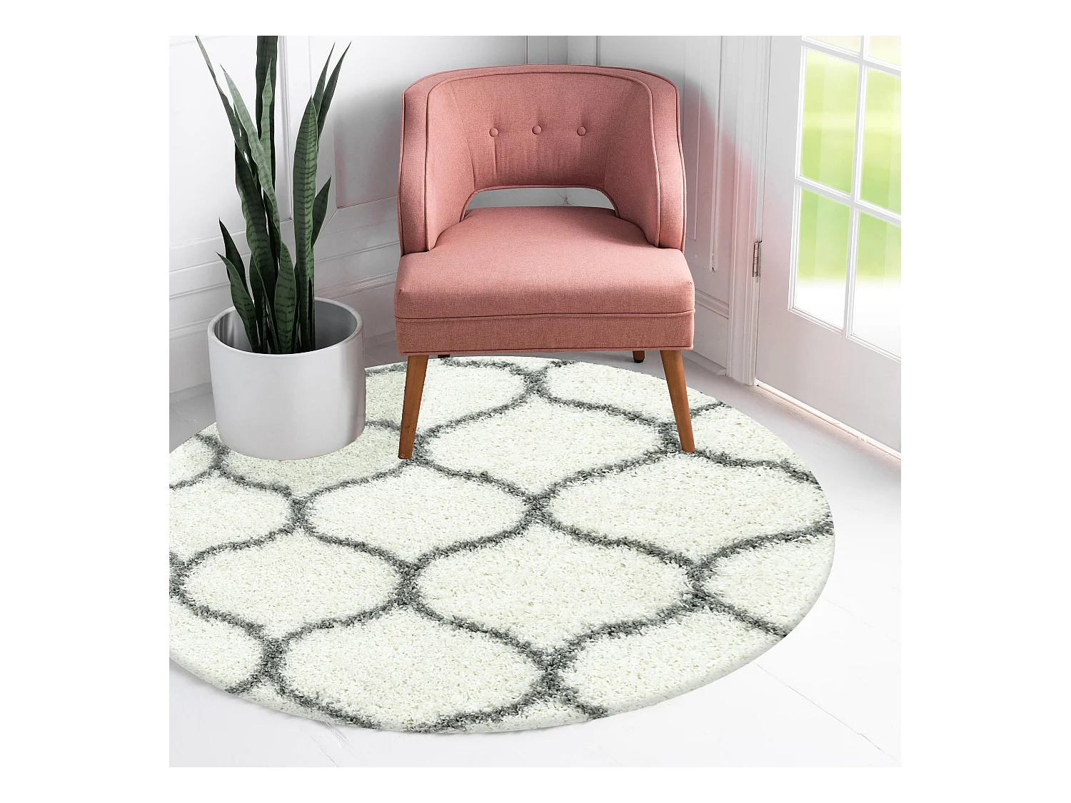 SALMA - Tapis Rond à poils longs et motifs Alhambra - Blanc et Gris 080 x 080 cm