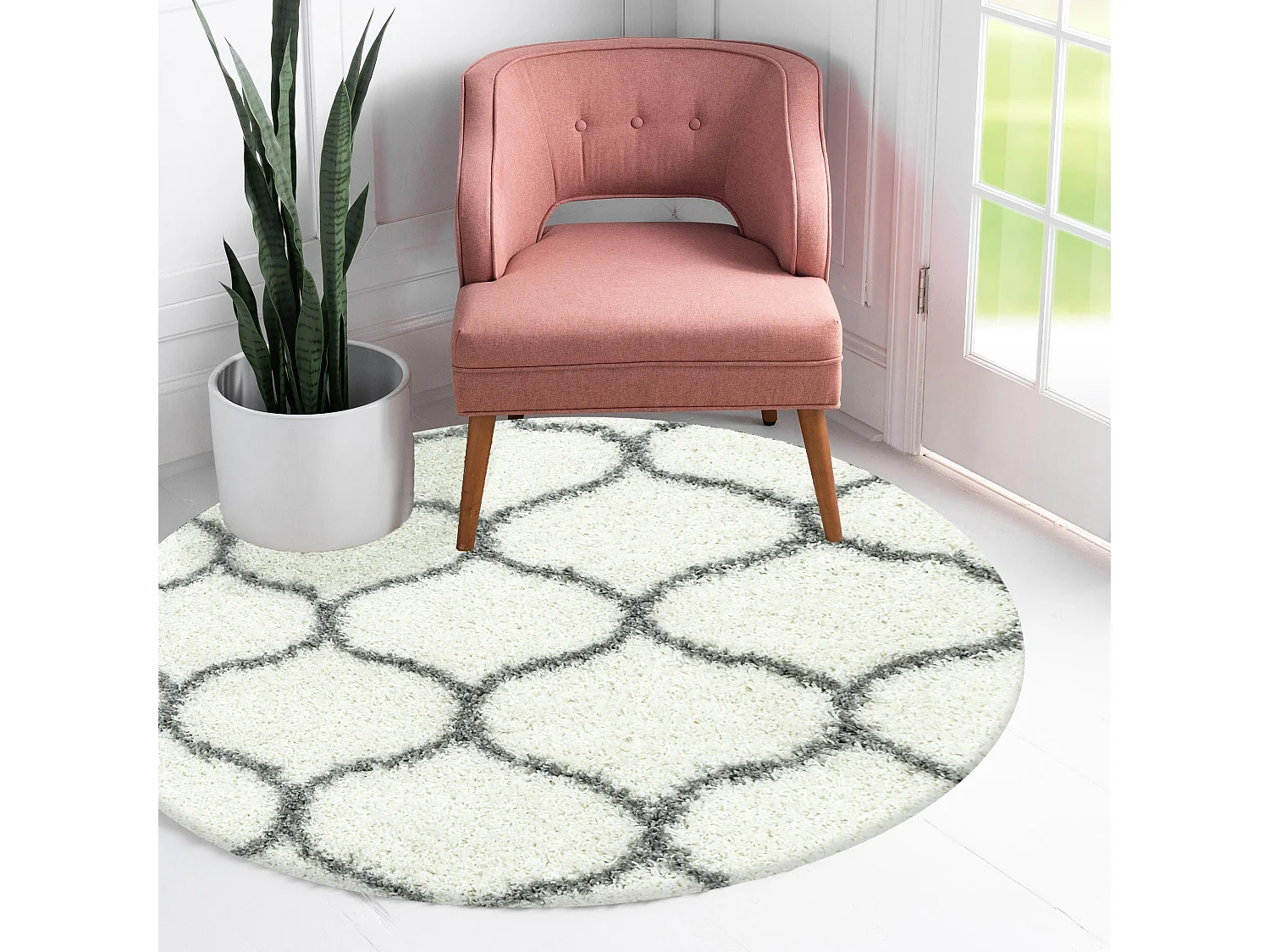 SALMA - Tapis Rond à poils longs et motifs Alhambra - Blanc et Gris 080 x 080 cm