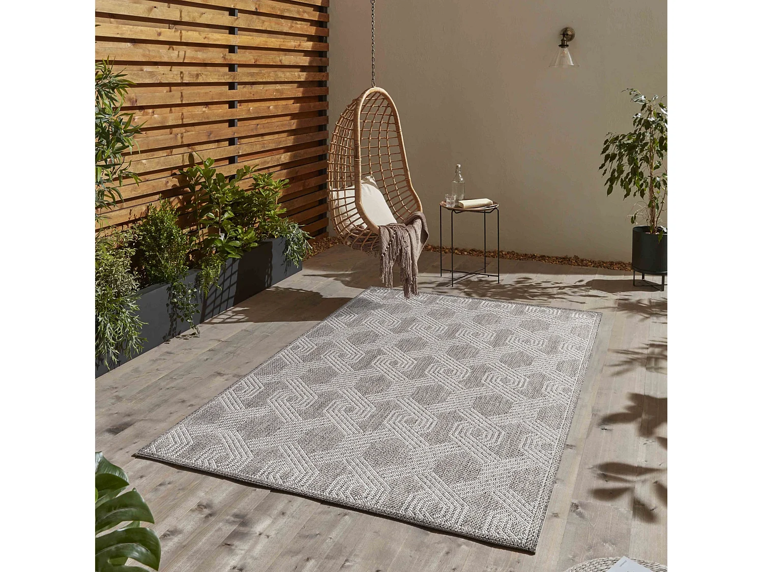 TRESS - Tapis Extérieur/Intérieur Tissé Plat - Gris & Crème 60 x 100 cm