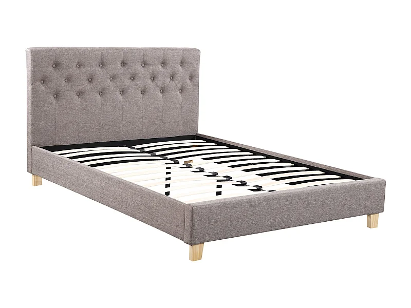 Cama de casal "Emmy" em tecido taupe 140 x 190 cm com pés em pinho
