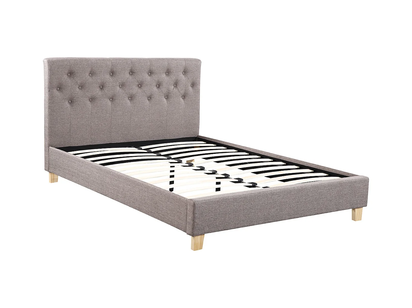 Tweepersoonsbed "Emmy" van taupekleurige stof 140 x 190 cm met poten van grenen