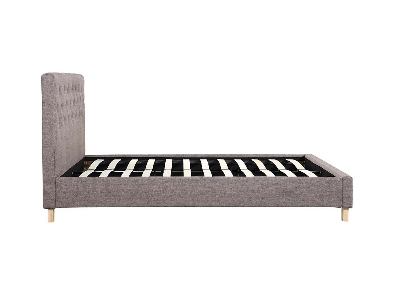 Tweepersoonsbed "Emmy" van taupekleurige stof 140 x 190 cm met poten van grenen