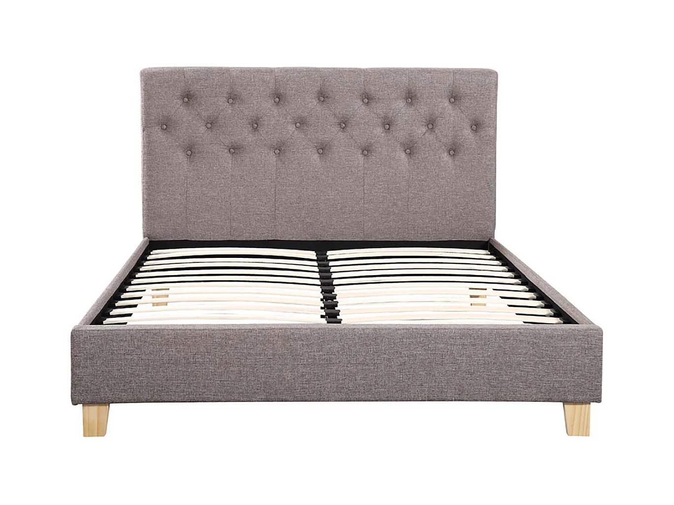 Tweepersoonsbed "Emmy" van taupekleurige stof 140 x 190 cm met poten van grenen