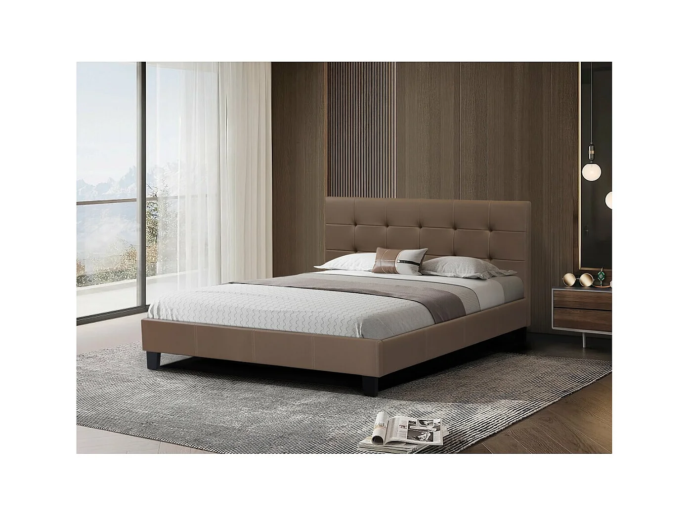 Cama "Julia" em PVC marrom com cabeceira estofada - 160 x 200 cm