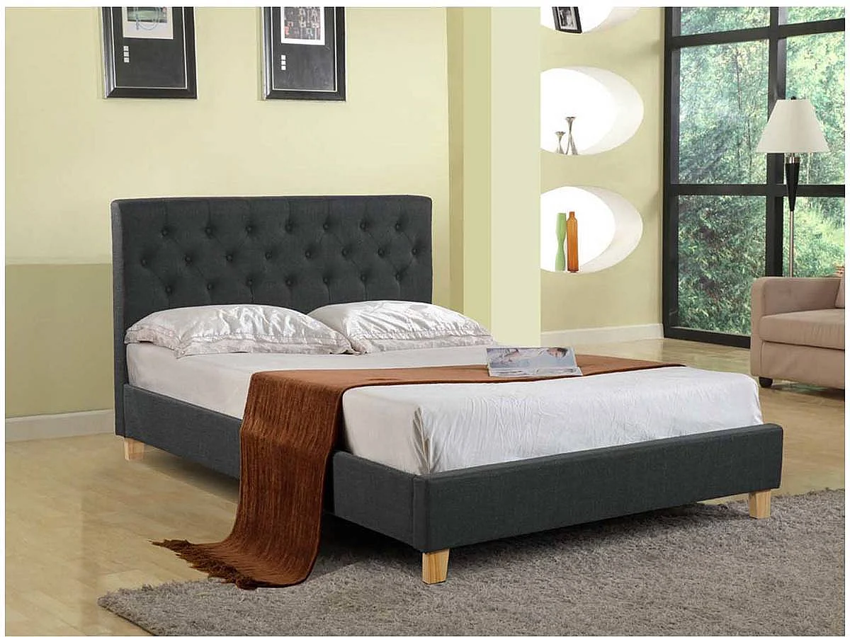 Tweepersoonsbed "Emmy" van grijze stof 140 x 190 cm met lattenbodem en hoofdeinde inbegrepen