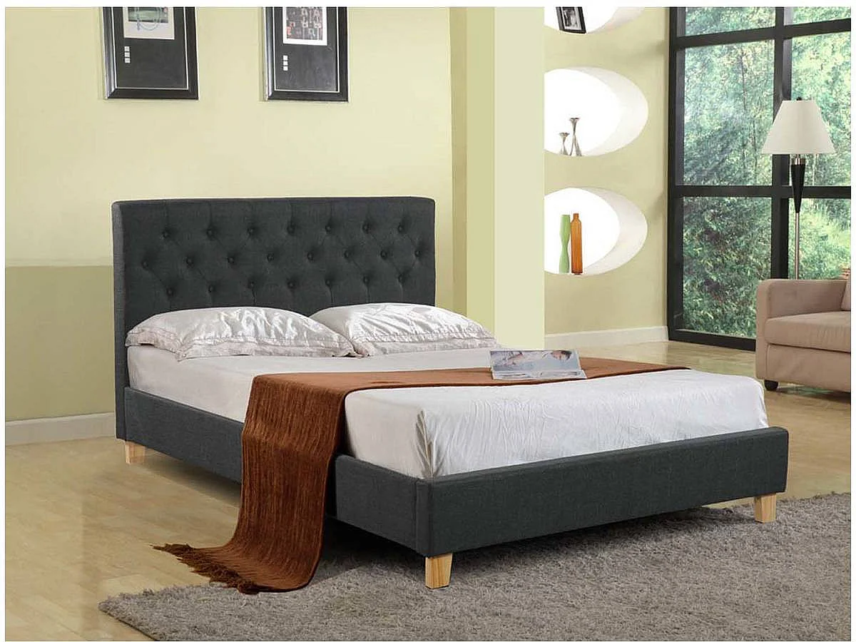 Cama de Casal "Emmy" - Cinza - 140 x 190 cm - Design Elegante com Pernas de Pino e Estrutura Resistente