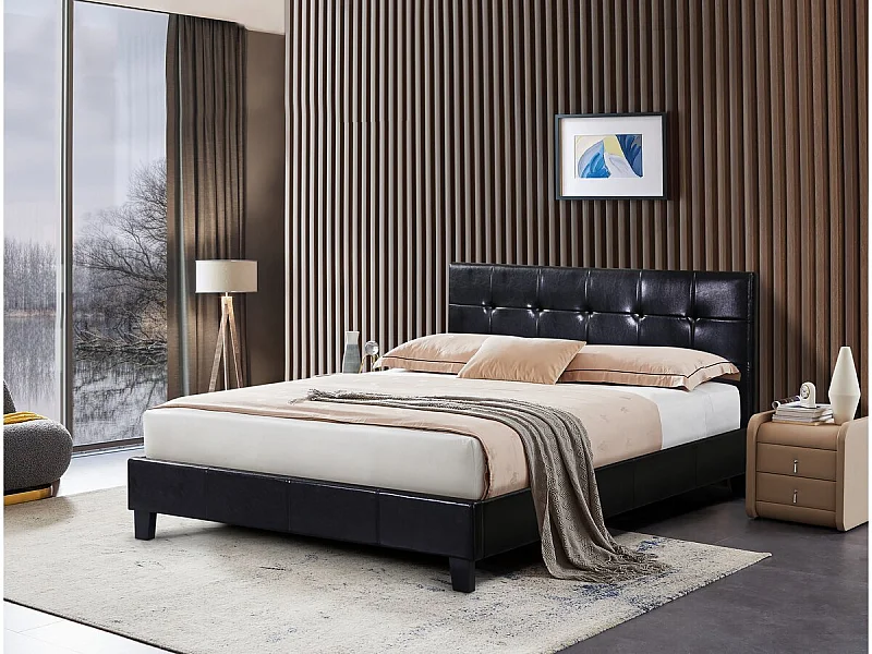 Cama "Julia" em PVC preto com cabeceira estofada - 140 x 190 cm