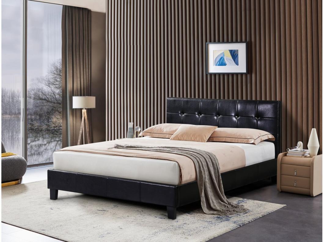 Bed "Julia" van zwart PVC met gestoffeerd hoofdeinde - 140 x 190 cm