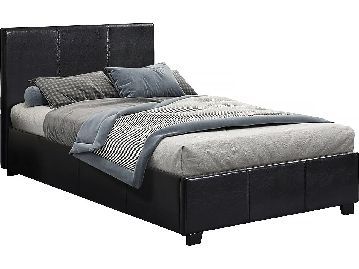 Cama de Armazenamento em PVC "Carla" - Preto - 90x190 cm - Cama de Solteiro com Cabeceira e Estrado de Ripas