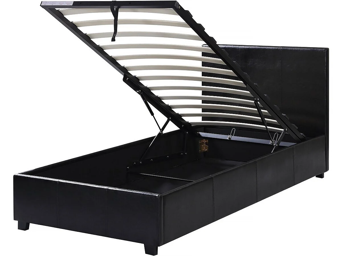 Cama de Armazenamento em PVC "Carla" - Preto - 90x190 cm - Cama de Solteiro com Cabeceira e Estrado de Ripas