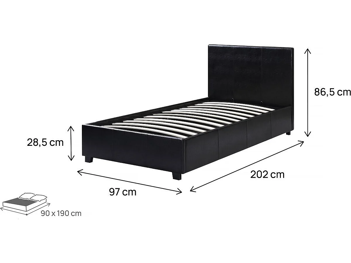 Cama de Armazenamento em PVC "Carla" - Preto - 90x190 cm - Cama de Solteiro com Cabeceira e Estrado de Ripas