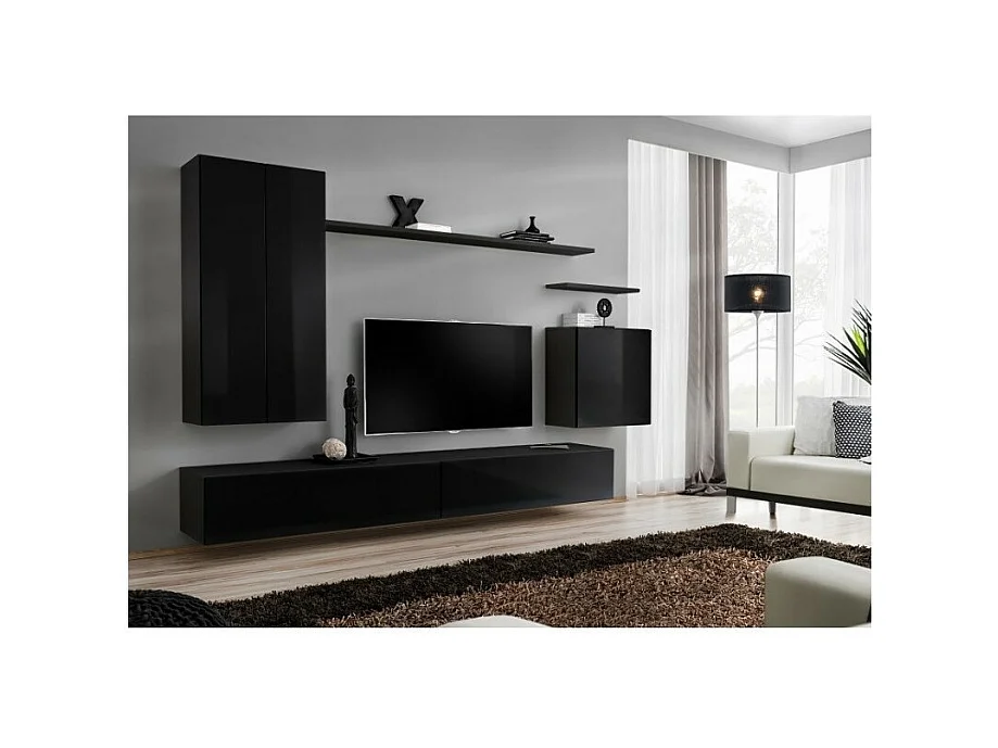 Set mobili soggiorno SWITCH II - Nero lucido - Mobile TV e contenitori sospesi moderni