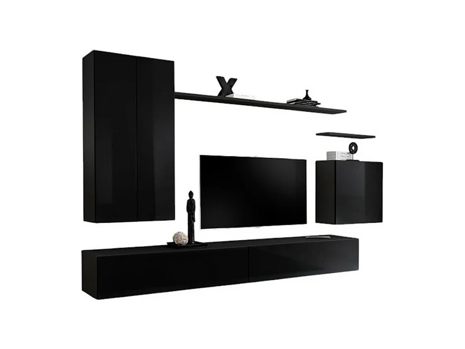Ensemble meubles salon SWITCH II – Noir brillant – Meuble TV et rangements suspendus modernes
