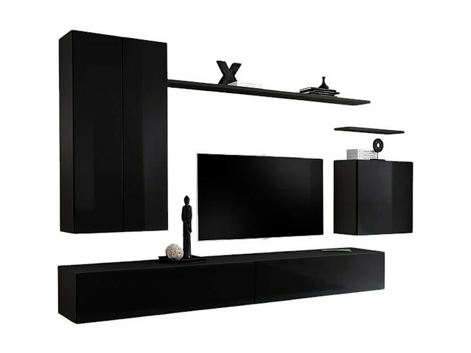 Ensemble meubles salon SWITCH II – Noir brillant – Meuble TV et rangements suspendus modernes