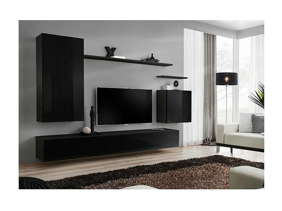 Ensemble meubles salon SWITCH II – Noir brillant – Meuble TV et rangements suspendus modernes