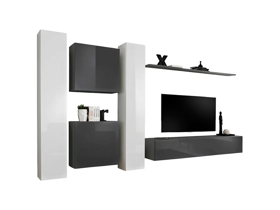 Wohnzimmer-Wandmöbelset SWITCH VI im Design, Farben Weiß und glänzend Grau.