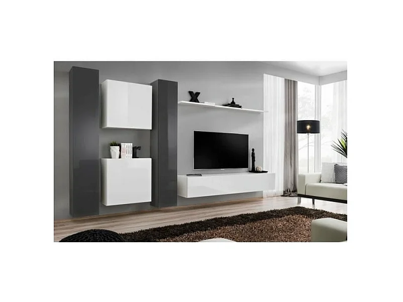 Wohnzimmer-Wandmöbelset SWITCH VI im Design, Farben Weiß und glänzend Grau.