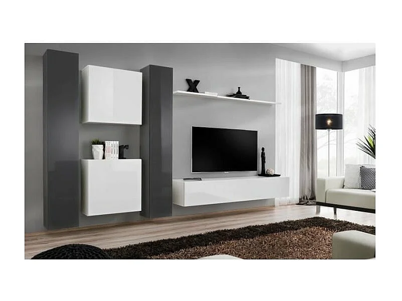 Ensemble meuble salon mural SWITCH VI design, coloris blanc et gris brillant.