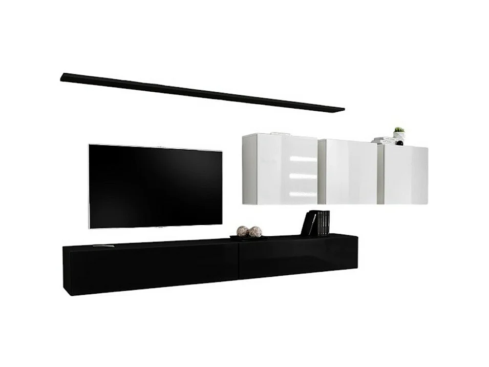 Ensemble meuble salon SWITCH VII – Noir et blanc brillant – Design suspendu et moderne