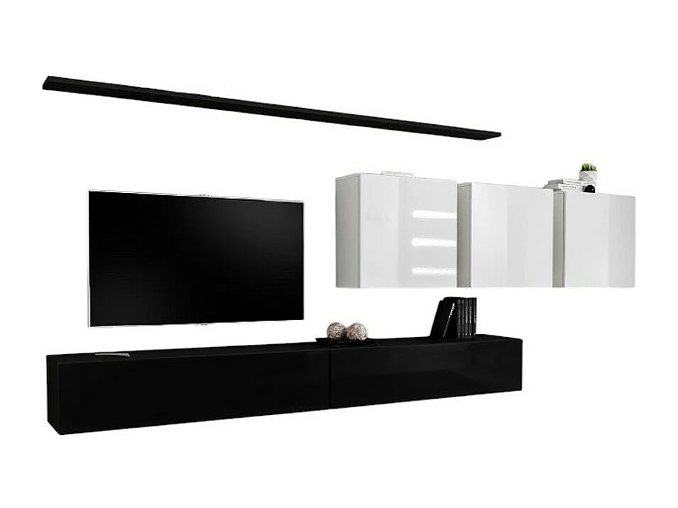 Ensemble meuble salon SWITCH VII – Noir et blanc brillant – Design suspendu et moderne