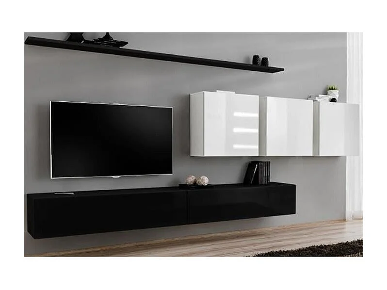 Ensemble meuble salon SWITCH VII – Noir et blanc brillant – Design suspendu et moderne