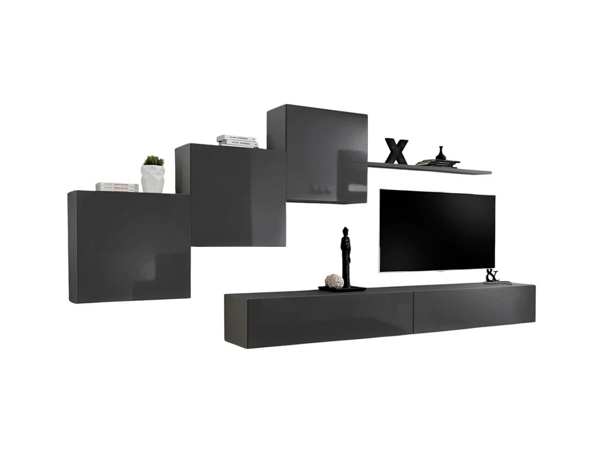 Ensemble meuble salon mural SWITCH X design, coloris gris brillant.